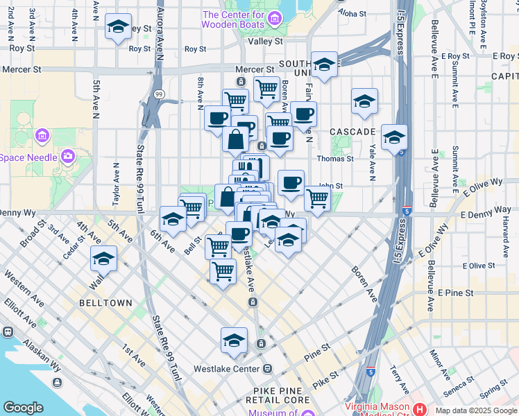 map of restaurants, bars, coffee shops, grocery stores, and more near 970 Denny Way in Seattle