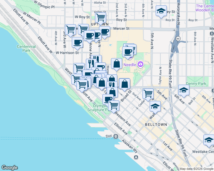 map of restaurants, bars, coffee shops, grocery stores, and more near 105 Warren Avenue North in Seattle