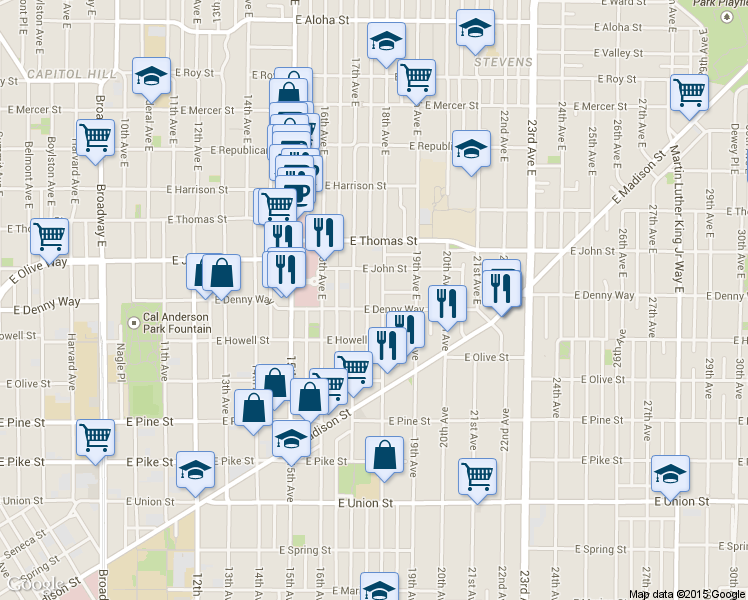 map of restaurants, bars, coffee shops, grocery stores, and more near 118 18th Avenue East in Seattle