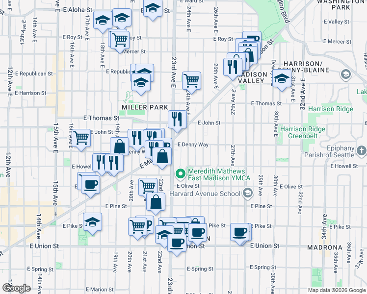 map of restaurants, bars, coffee shops, grocery stores, and more near 100 24th Avenue East in Seattle