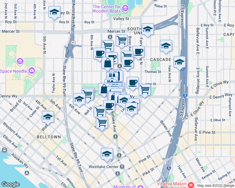 map of restaurants, bars, coffee shops, grocery stores, and more near 1000 Denny Way in Seattle
