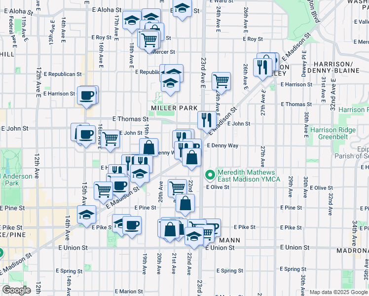 map of restaurants, bars, coffee shops, grocery stores, and more near 109 22nd Avenue East in Seattle