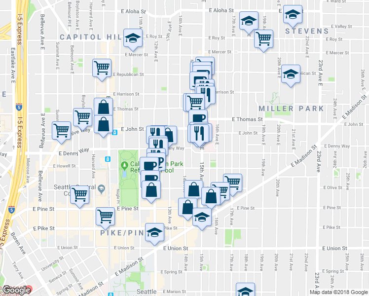 map of restaurants, bars, coffee shops, grocery stores, and more near E Denny Way & 14th Ave in Seattle