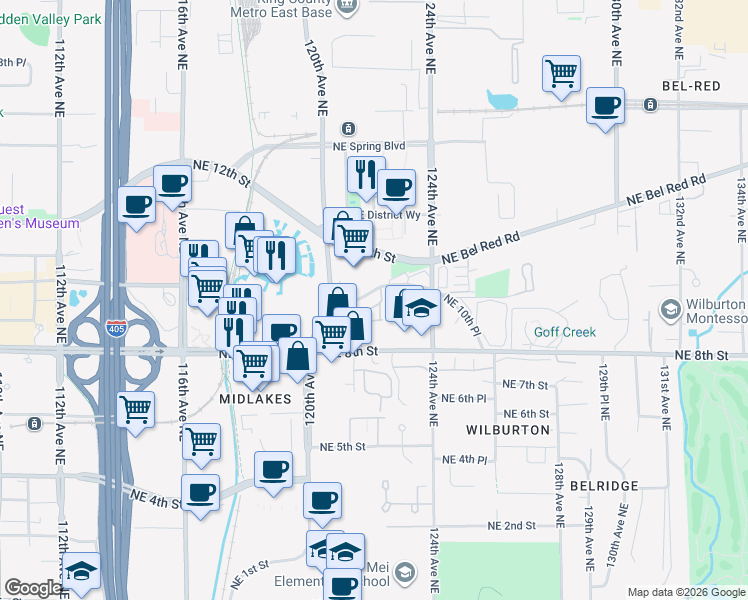 map of restaurants, bars, coffee shops, grocery stores, and more near 12209 Bel-Red Road in Bellevue