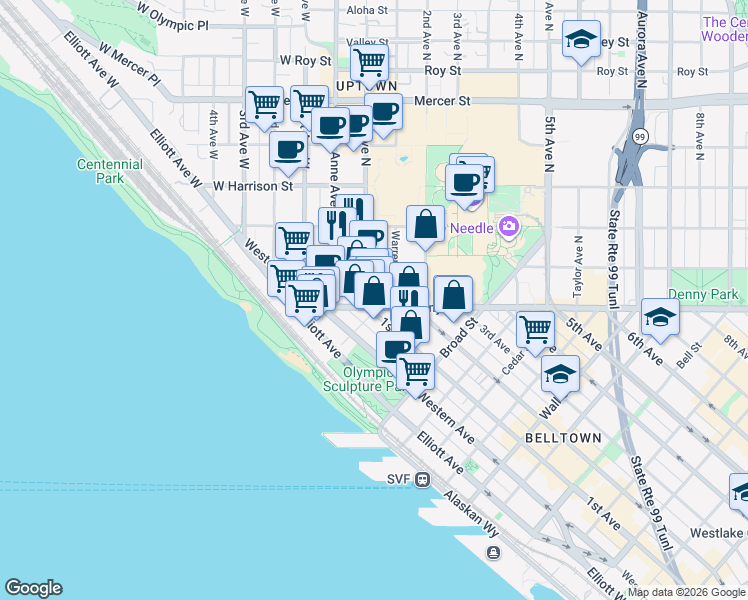 map of restaurants, bars, coffee shops, grocery stores, and more near 108 1st Avenue North in Seattle