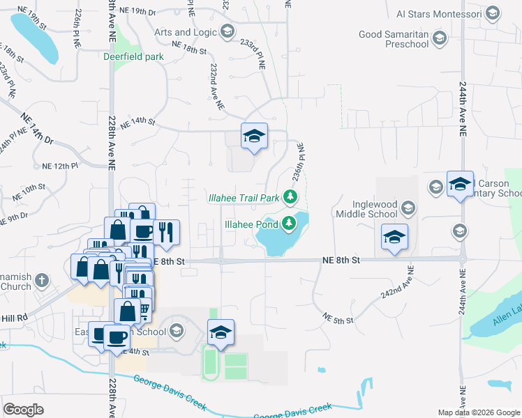 map of restaurants, bars, coffee shops, grocery stores, and more near 23450 Northeast 10th Place in Sammamish