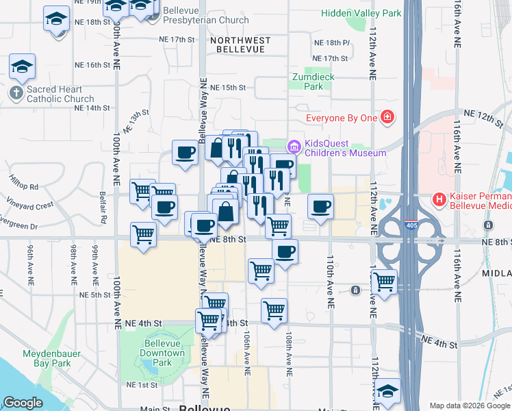map of restaurants, bars, coffee shops, grocery stores, and more near 10610 Northeast 9th Street in Bellevue