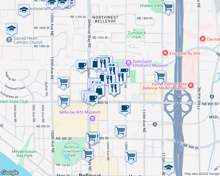 map of restaurants, bars, coffee shops, grocery stores, and more near 10610 Northeast 9th Street in Bellevue