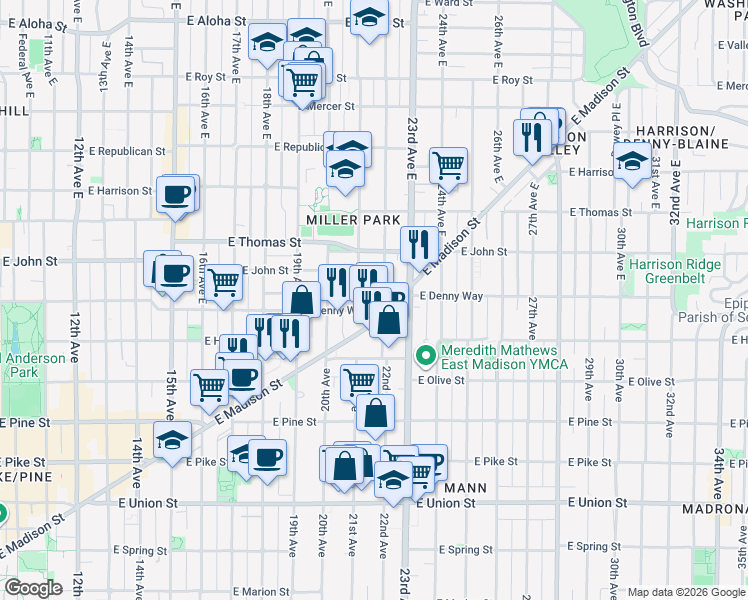 map of restaurants, bars, coffee shops, grocery stores, and more near 119 22nd Avenue East in Seattle