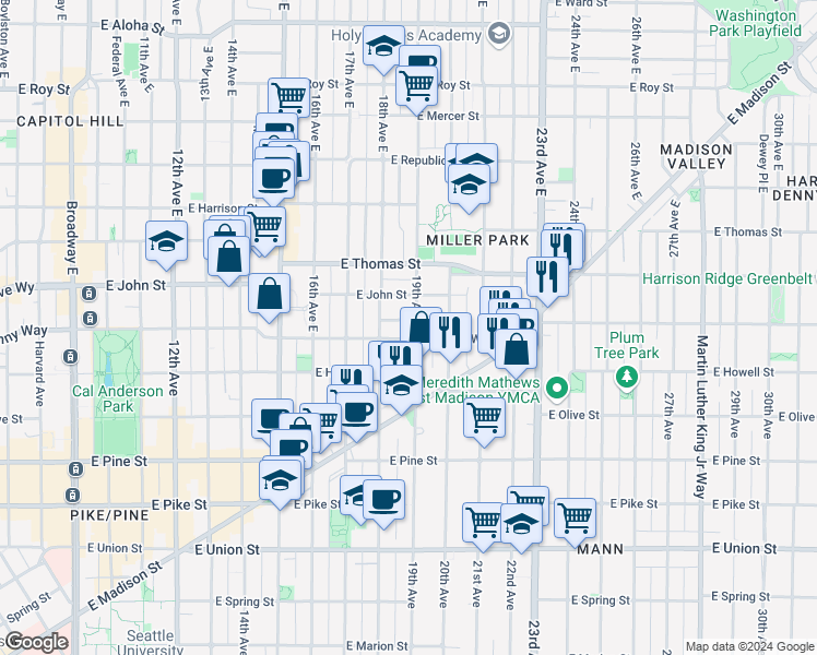 map of restaurants, bars, coffee shops, grocery stores, and more near 116 19th Avenue East in Seattle
