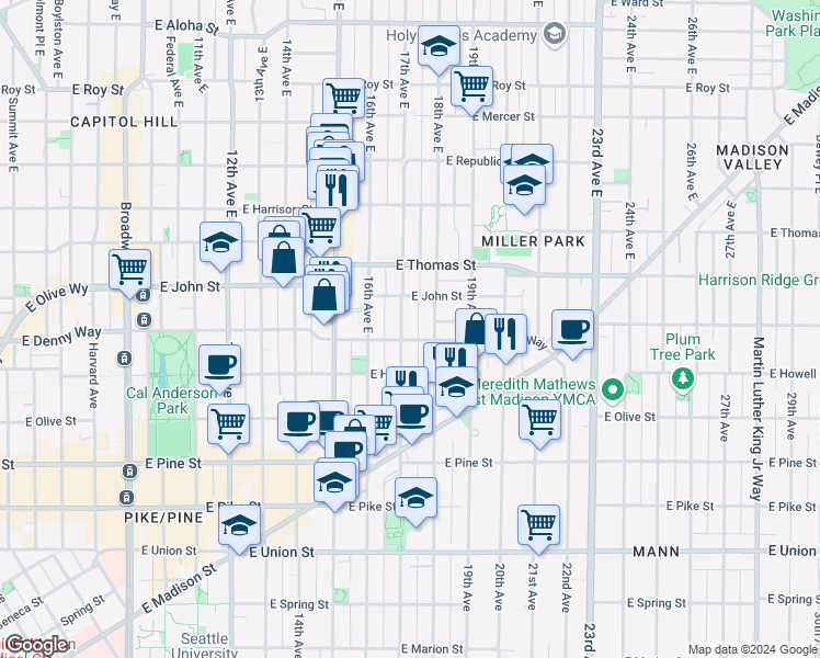 map of restaurants, bars, coffee shops, grocery stores, and more near in Seattle