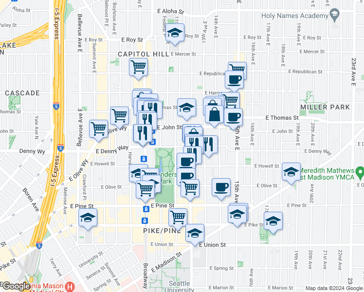 map of restaurants, bars, coffee shops, grocery stores, and more near 1116 East Denny Way in Seattle