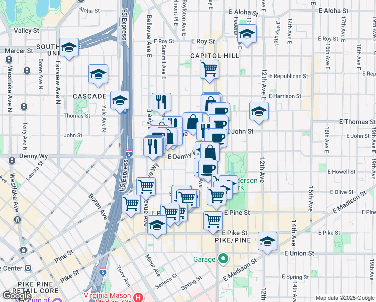 map of restaurants, bars, coffee shops, grocery stores, and more near 123 Boylston Avenue East in Seattle