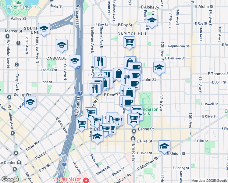 map of restaurants, bars, coffee shops, grocery stores, and more near 123 Boylston Avenue East in Seattle