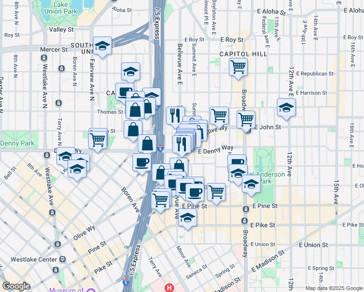 map of restaurants, bars, coffee shops, grocery stores, and more near 112 Bellevue Avenue East in Seattle