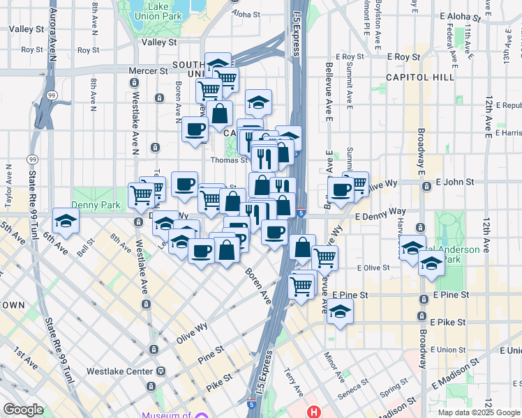 map of restaurants, bars, coffee shops, grocery stores, and more near 110 Yale Avenue in Seattle