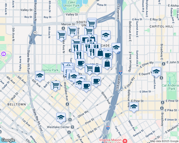 map of restaurants, bars, coffee shops, grocery stores, and more near 1172 Denny Way in Seattle