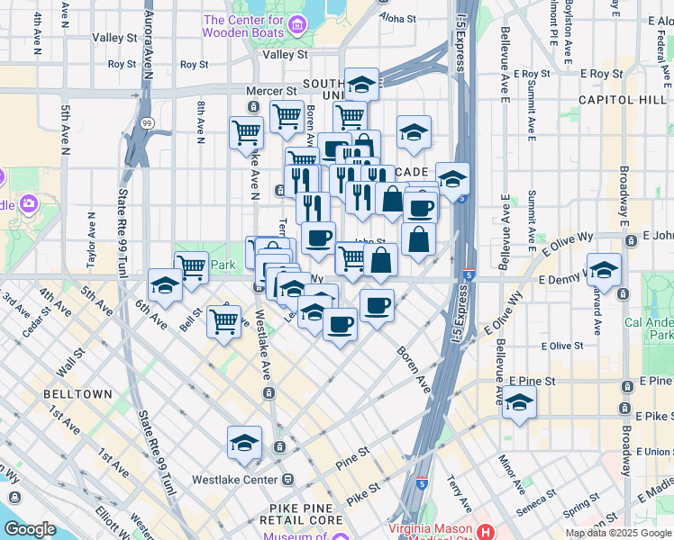 map of restaurants, bars, coffee shops, grocery stores, and more near 1172 Denny Way in Seattle