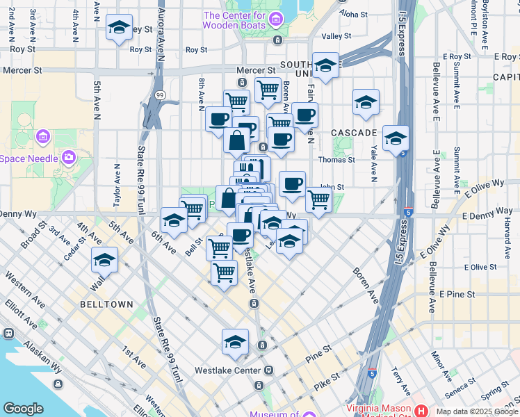 map of restaurants, bars, coffee shops, grocery stores, and more near 1000 Denny Way in Seattle