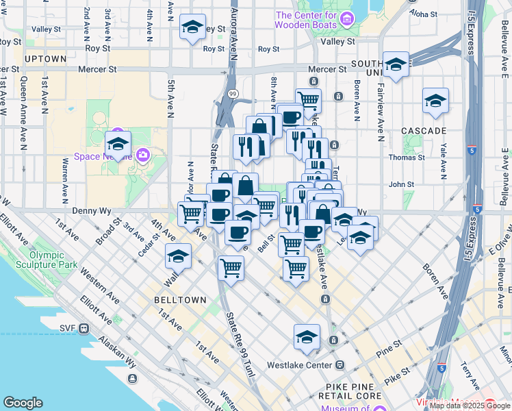 map of restaurants, bars, coffee shops, grocery stores, and more near 100 Dexter Avenue North in Seattle