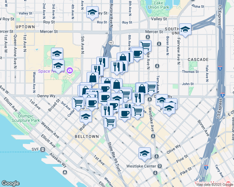 map of restaurants, bars, coffee shops, grocery stores, and more near 115 Dexter Avenue North in Seattle