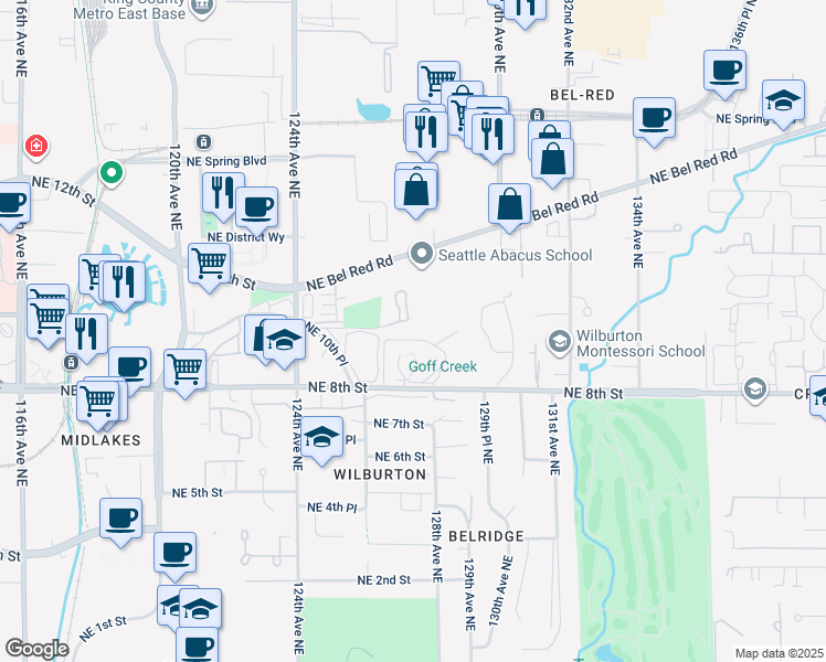 map of restaurants, bars, coffee shops, grocery stores, and more near 12760 Northeast 10th Place in Bellevue