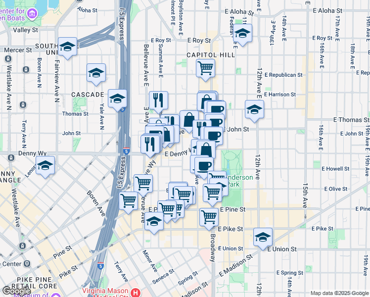 map of restaurants, bars, coffee shops, grocery stores, and more near 123 Boylston Avenue East in Seattle