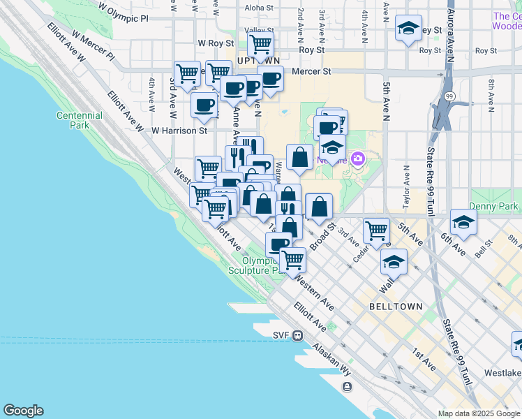 map of restaurants, bars, coffee shops, grocery stores, and more near 114 1st Avenue North in Seattle