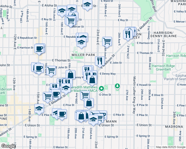 map of restaurants, bars, coffee shops, grocery stores, and more near 2200 East Madison Street in Seattle