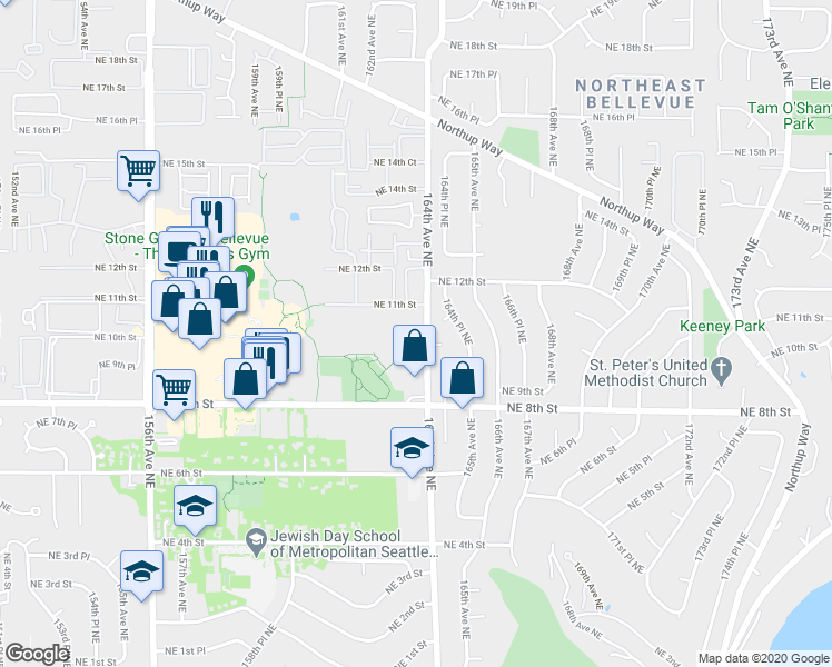 map of restaurants, bars, coffee shops, grocery stores, and more near 911 164th Avenue Northeast in Bellevue