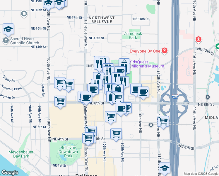 map of restaurants, bars, coffee shops, grocery stores, and more near 10505 Northeast 9th Street in Bellevue