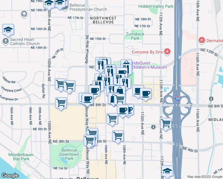 map of restaurants, bars, coffee shops, grocery stores, and more near 10610 Northeast 9th Place in Bellevue