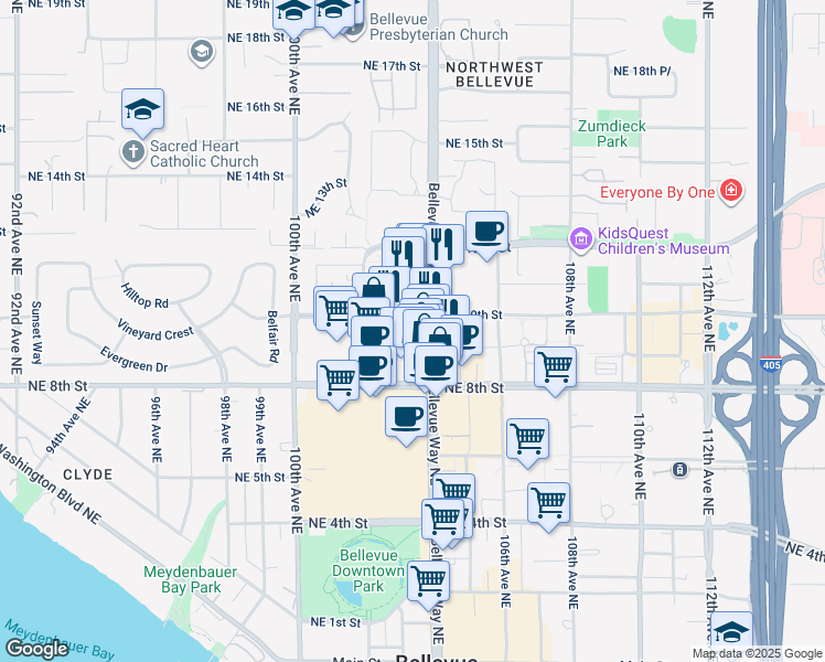 map of restaurants, bars, coffee shops, grocery stores, and more near 10349 Northeast 10th Street in Bellevue