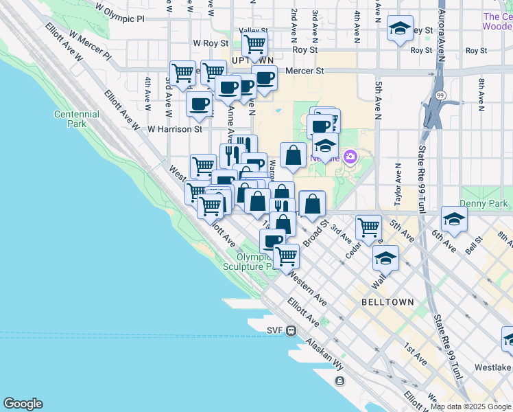 map of restaurants, bars, coffee shops, grocery stores, and more near 100 Denny Way in Seattle