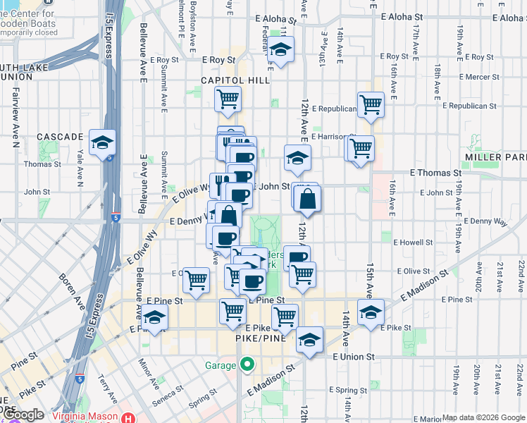 map of restaurants, bars, coffee shops, grocery stores, and more near 1008 East Denny Way in Seattle