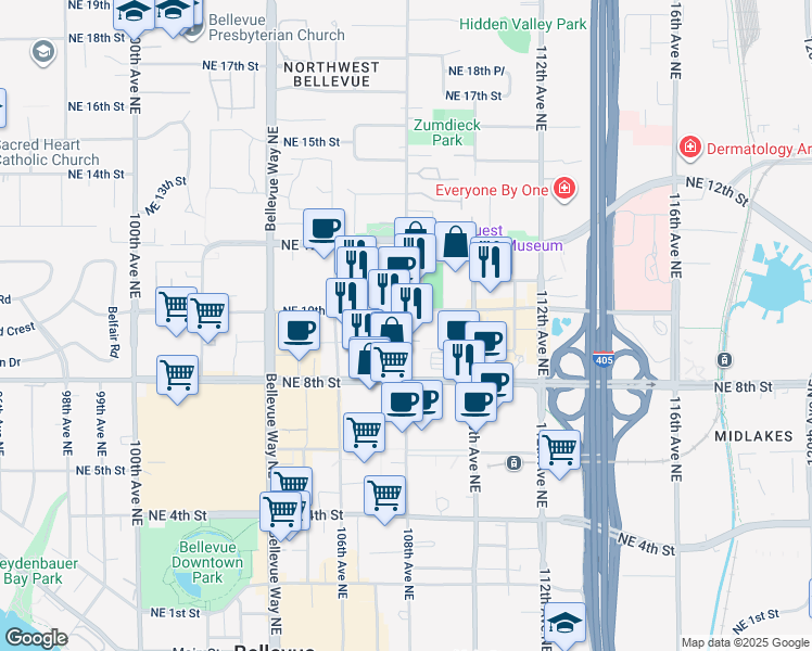map of restaurants, bars, coffee shops, grocery stores, and more near 929 108th Avenue Northeast in Bellevue