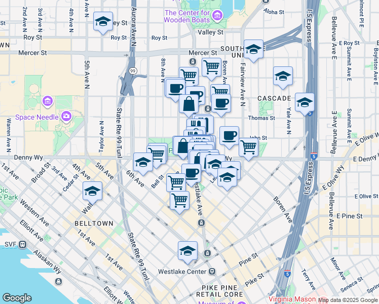 map of restaurants, bars, coffee shops, grocery stores, and more near 101 Westlake Avenue North in Seattle
