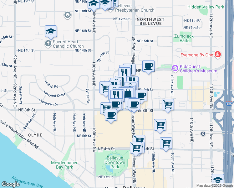 map of restaurants, bars, coffee shops, grocery stores, and more near 10223 Northeast 10th Street in Bellevue