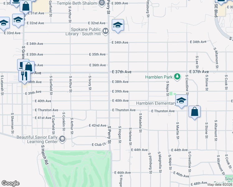 map of restaurants, bars, coffee shops, grocery stores, and more near 1504 East 39th Avenue in Spokane