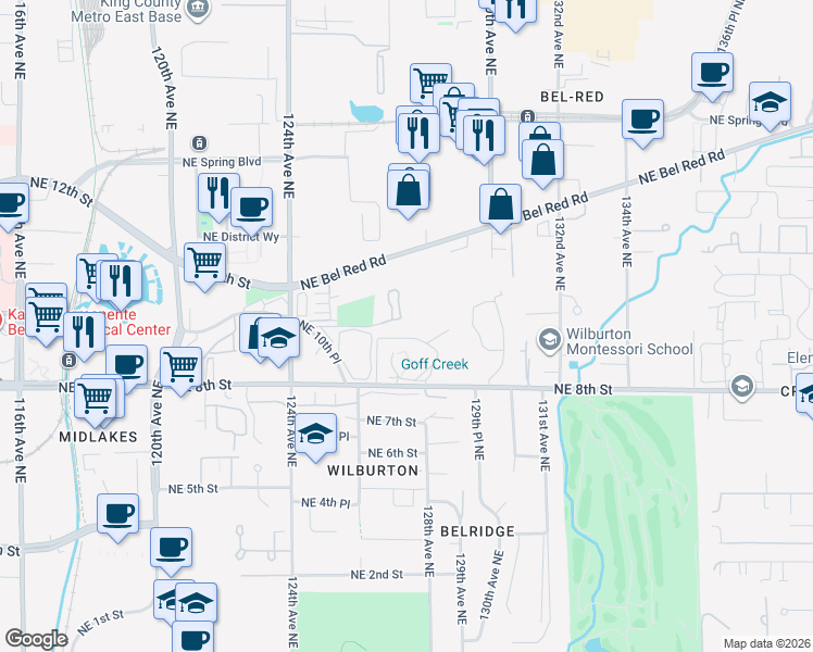 map of restaurants, bars, coffee shops, grocery stores, and more near 12760 Northeast 10th Place in Bellevue