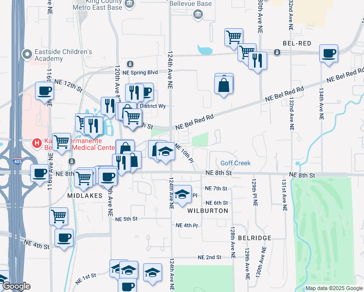 map of restaurants, bars, coffee shops, grocery stores, and more near 12466 Northeast 10th Place in Bellevue