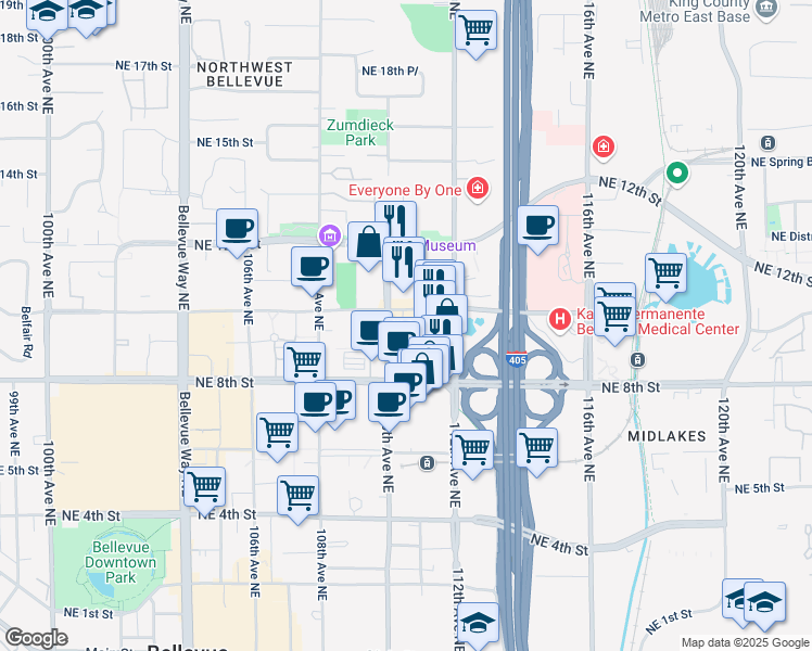 map of restaurants, bars, coffee shops, grocery stores, and more near 968 110th Avenue Northeast in Bellevue