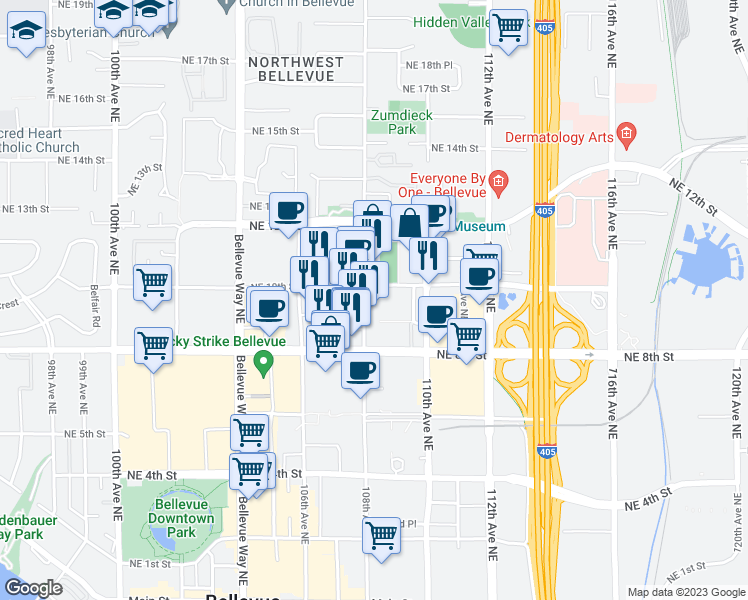 map of restaurants, bars, coffee shops, grocery stores, and more near 900 108th Avenue Northeast in Bellevue