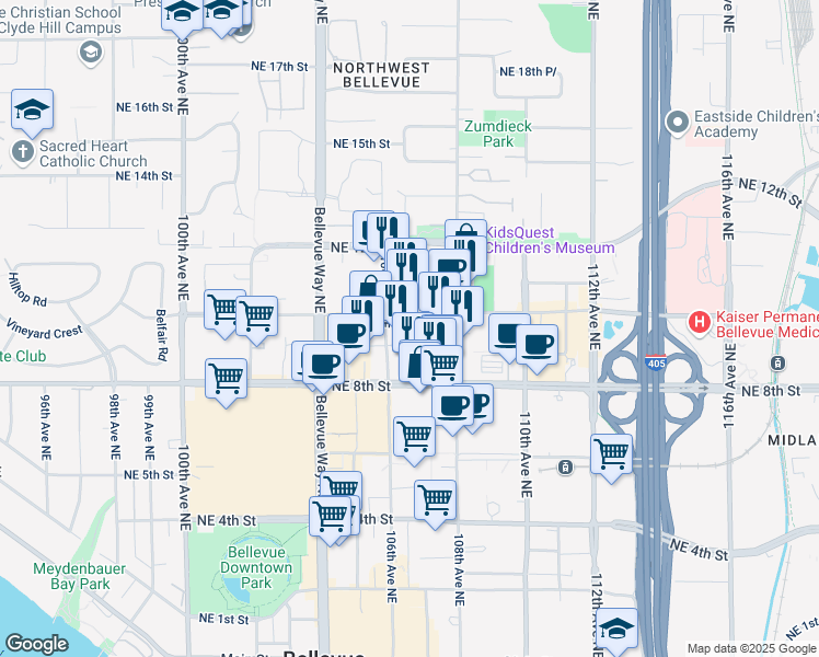 map of restaurants, bars, coffee shops, grocery stores, and more near 10505 Northeast 9th Street in Bellevue