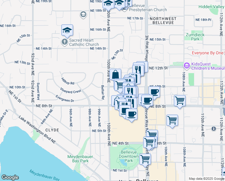 map of restaurants, bars, coffee shops, grocery stores, and more near 822 100th Avenue Northeast in Bellevue
