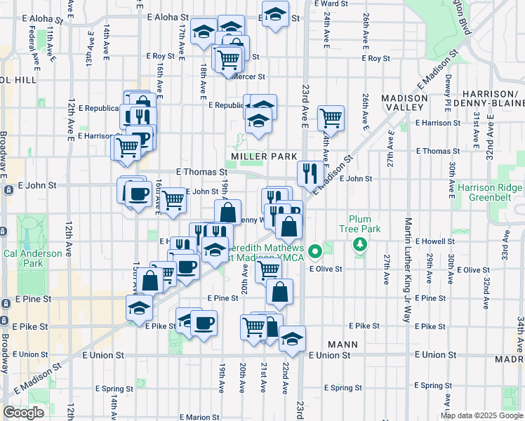 map of restaurants, bars, coffee shops, grocery stores, and more near in Seattle