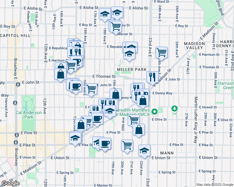 map of restaurants, bars, coffee shops, grocery stores, and more near 116 19th Avenue East in Seattle