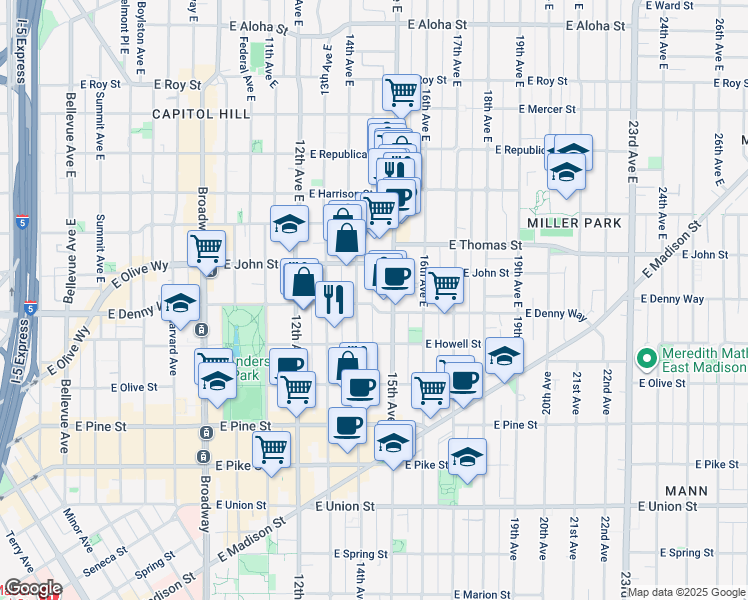 map of restaurants, bars, coffee shops, grocery stores, and more near 115 15th Avenue East in Seattle