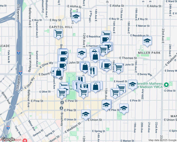 map of restaurants, bars, coffee shops, grocery stores, and more near 109 13th Avenue East in Seattle