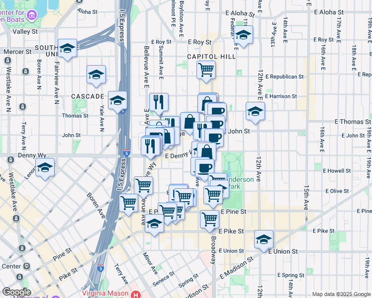 map of restaurants, bars, coffee shops, grocery stores, and more near 700 East Denny Way in Seattle